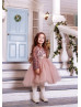 Long Sleeve Cocoa Lace Tulle Beaded Flower Girl Dress